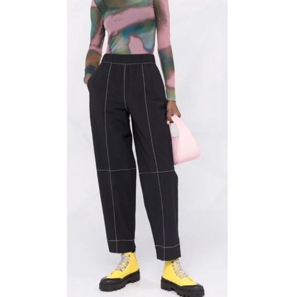 GANNI Contrast-stitching Straight Trousers Black Size 36 - Picture 1 of 8